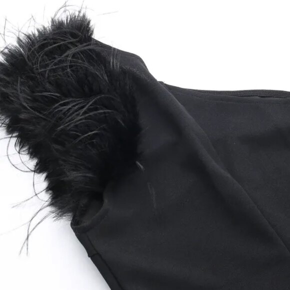 Elegant Black Feather Trim Tapered Fit One Shoulder Floor Length Maxi Dress - Picture 6 of 8